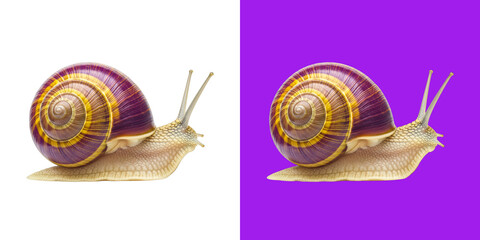 Garden snail with a brown and yellow striped shell crawling forward © Ismotara