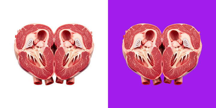 Cross section of raw animal heart muscle arranged in a heart shape composition