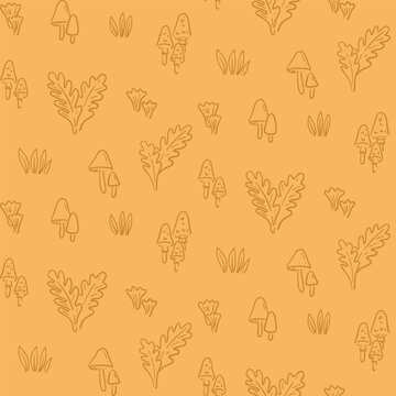 Autumn Woodland Doodle Seamless Pattern with Hand Drawn Mushrooms and Oak Leaves
