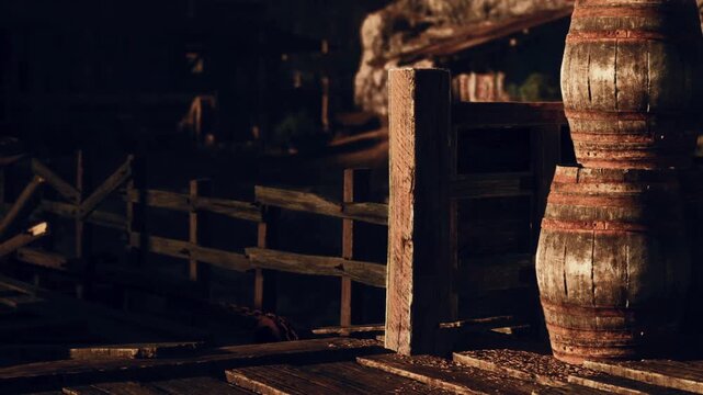 Sunlight warms the weathered wooden barrels beside a sturdy fence on an ancient dock. Time stands still as nature and craftsmanship blend, creating a serene atmosphere of nostalgia.