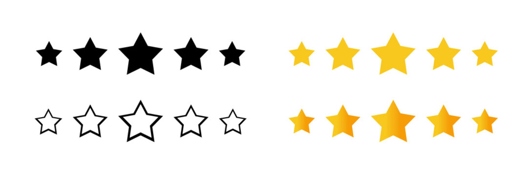 Five stars gor rating, stars for a ranking, Five Point Star Shapes Collection in Black, Gold and Outline Styles,