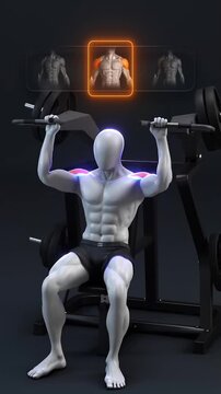 Animated medical 3d anatomy footage showing deliberate shoulder muscle workout movements with highlighted deltoid sections on a grey training mannequin
