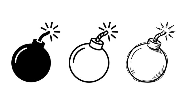 Three cartoon bombs with burning fuses in black silhouette, outline, and hand-drawn sketch styles