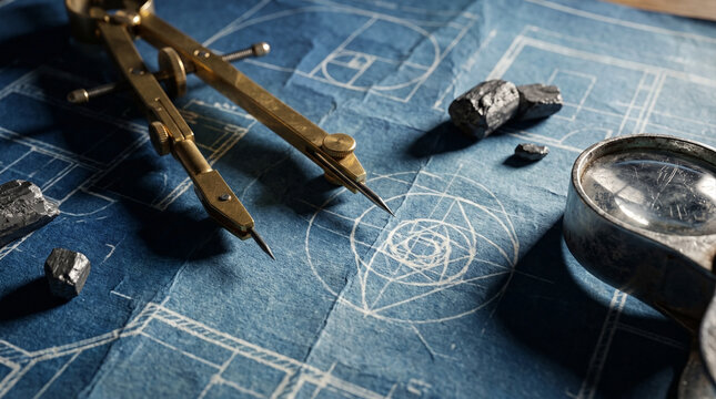 Vintage brass drafting compass and a magnifying glass resting on an architectural blueprint with pieces of raw coal