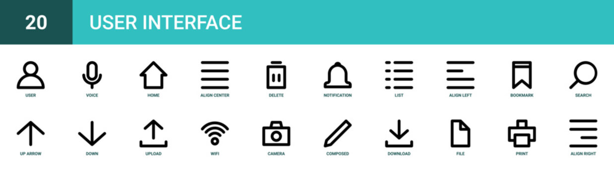 Set of 20 outline web User Interface icons such as align right, print, file, download, composed, camera, wifi vector icons for report, presentation, diagram, web design, mobile app