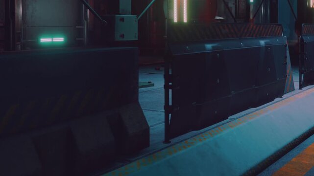 Dramatic shadows and glowing lights fill this narrow alleyway in a bustling city. Metal barriers and concrete hint at untold stories waiting to unfold within.