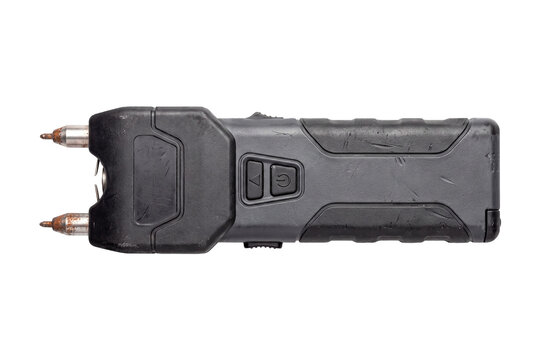 Black stun gun electroshock weapon isolated on a white and transparent background. Police equipment.
