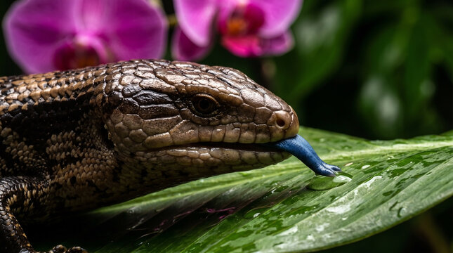 Macro close-up of an exotic blue-tongued skink lizard licking a water drop on a wet green leaf with purple orchids