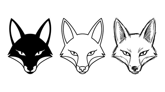 Three stylized illustrations of a fox face portrait in silhouette, outline, and sketch styles