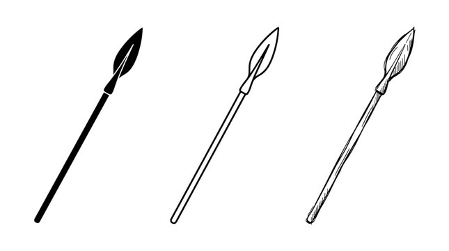 Three stylized Greek hoplite spears with sharp spearheads in various drawing styles
