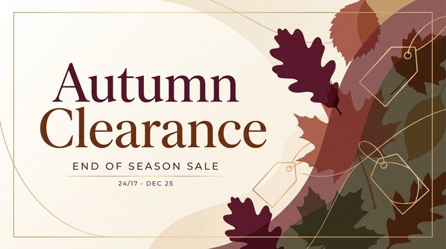 Autumn Clearance Luxury Sale Banner with Elegant Serif Typography, Layered Leaf Silhouettes, Sale Tags and Gold Accents for End of Season Promotions, Ecommerce Headers and Retail Marketing