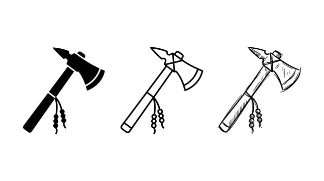 Three stylized tomahawk axe icons in silhouette line art and sketch style