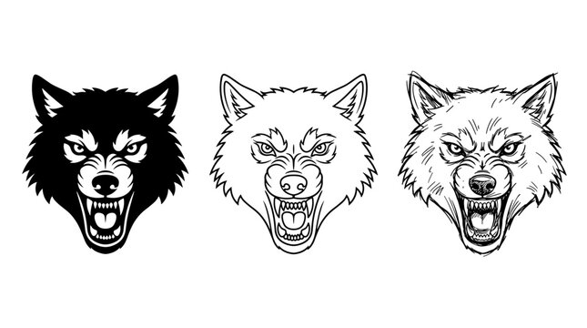 Three stylized snarling wolf face icons displaying solid silhouette line art and sketch vector illustrations