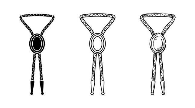 Western bolo tie icons set in solid silhouette, line art, and hand drawn sketch styles