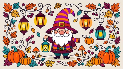 Fototapeta premium Cute Autumn Gnome Holding Lantern with Pumpkins and Leaves Border for Halloween Time