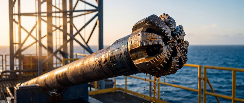 Drill bit dripping crude oil on offshore rig against a golden sunset sky and deep blue ocean, showcasing heavy petroleum extraction equipment for energy industry reports