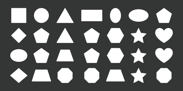 Geometric shapes including circles, squares, triangles, stars, hearts, polygons, rectangles, diamonds and ovals. Basic educational shapes vector illustration.
