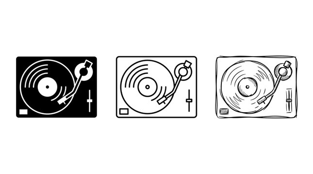 Vinyl Record Spinning on Turntable in Solid Black, Outline, and Sketch Styles