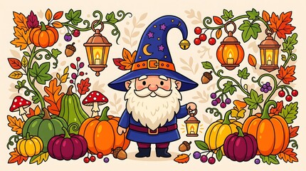 Fototapeta premium Whimsical Gnome Wizard with Lantern surrounded by Autumn Harvest Decorations and Foliage during Halloween Time