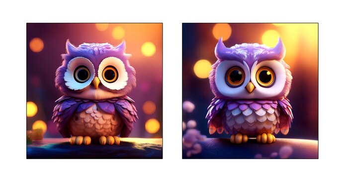 Cute 3D purple owl character with big eyes and glowing bokeh background