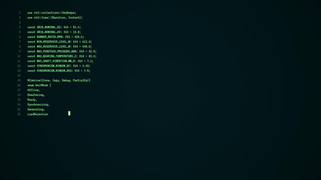 Green source code scrolls on a dark terminal screen, showing hydroelectric power programming across four progressive frames. Developer script with copy space for clean energy and tech themes.
