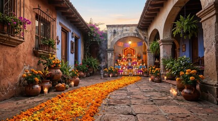 Fototapeta premium A traditional Mexican ofrenda altar stands at the end of a marigold petal path in a colonial courtyard during Day of the Dead celebrations at twilight.