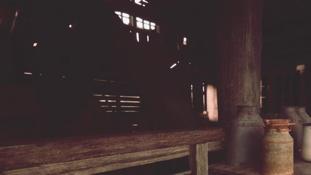Inside an old barn, wooden beams create shadows while gentle light filters through. Vintage jars sit quietly on a wooden ledge, conveying a sense of nostalgia and peace.