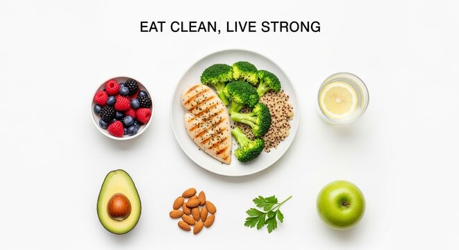 Healthy eating motto "eat clean, live strong" surrounded by a balanced meal and fresh, nutritious ingredients.
