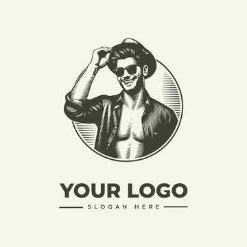 Vintage style illustration of a handsome man wearing a hat and sunglasses for a logo design.