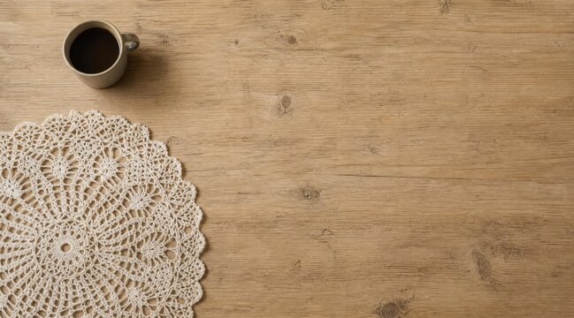 Vintage crochet placemat on rustic oak kitchen island with copy space