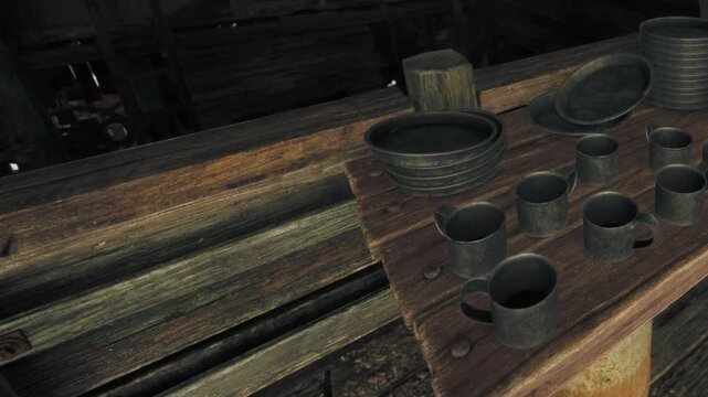 On a weathered wooden table, simple black cups and plates rest quietly, showcasing the charm of rustic life. The atmosphere hints at stories of past gatherings in a timeless location.