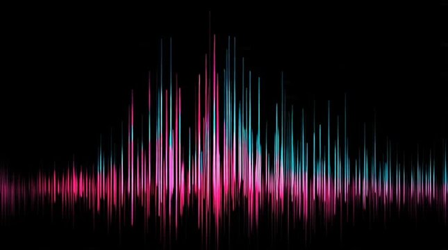 Abstract Digital Audio Waveform Spectrum with Neon Pink and Blue Colors on Black Background