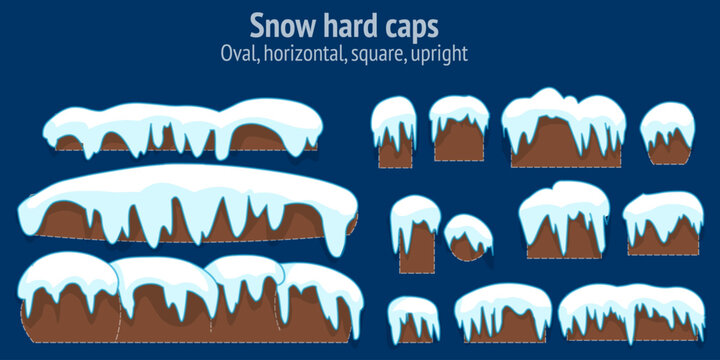 Snow caps isolated, icicles set. For text, font, home, oval, square, convex. Hard and  shadowy cartoon editable snowy elements on winter. Dark blue, night  background. Illustration vector