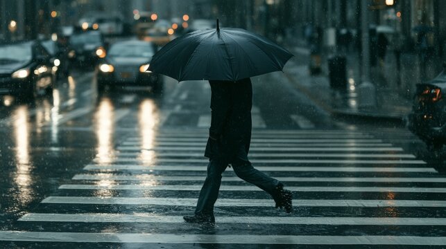 Individual walks with an umbrella on a wet street during rain in a busy city