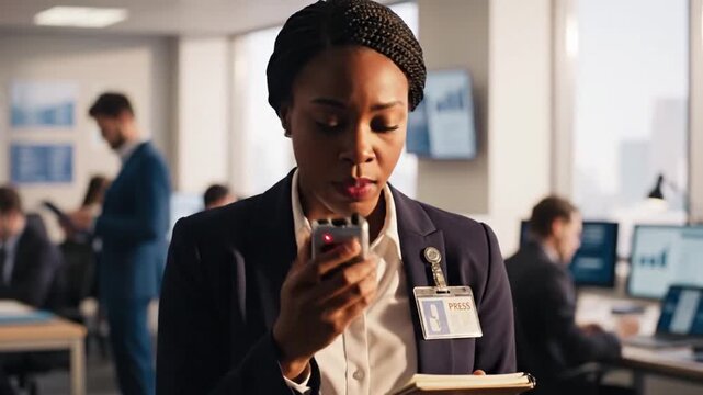Press badge woman delivers remarks indoors. She checks notes, speaks into small recorder, and faces viewer while blurred staff work behind her in bright office space, creating news gathering moment.