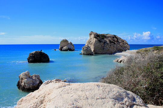 Scenic touristic destination of 'Petra tou Romiou' or 'Aphrodite's Rock' beach on the island of Cyprus