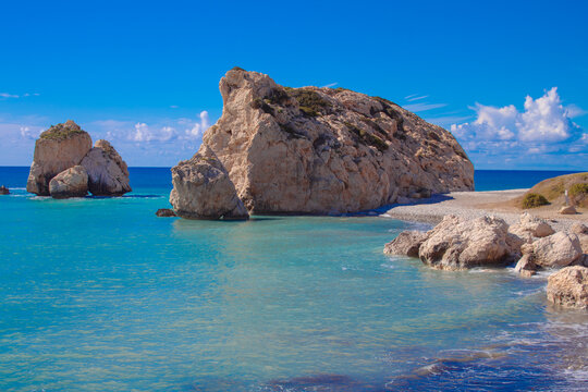 Scenic touristic destination of 'Petra tou Romiou' or 'Aphrodite's Rock' beach on the island of Cyprus