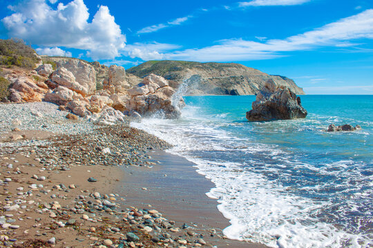 Scenic touristic destination of 'Petra tou Romiou' or 'Aphrodite's Rock' beach on the island of Cyprus