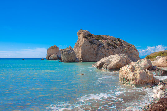 Scenic touristic destination of 'Petra tou Romiou' or 'Aphrodite's Rock' beach on the island of Cyprus