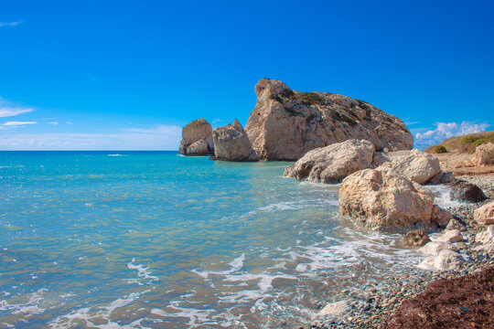 Scenic touristic destination of 'Petra tou Romiou' or 'Aphrodite's Rock' beach on the island of Cyprus