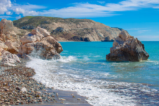 Scenic touristic destination of 'Petra tou Romiou' or 'Aphrodite's Rock' beach on the island of Cyprus