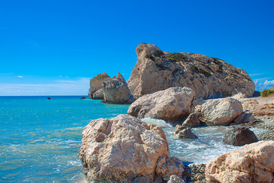 Scenic touristic destination of 'Petra tou Romiou' or 'Aphrodite's Rock' beach on the island of Cyprus