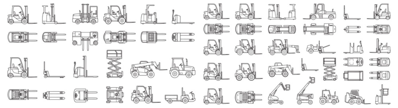 Set Of Forklift And Material Handling Vehicle Line Icons For Warehouse, Logistics And Industry
