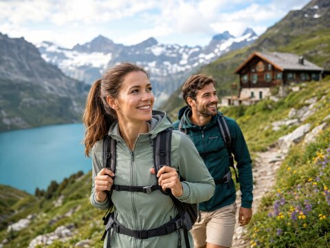 Wanderpaar in den Schweizer Alpen &ndash; Zwei Reisende erkunden einen Bergpfad am t&uuml;rkisblauen See und erleben lokalen Tourismus, Naturgenuss und aktive Erholung in der Schweiz.