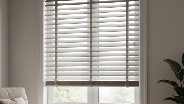 Window white vertical blinds closed appear made wood room beige walls there plant right side left armchair cus