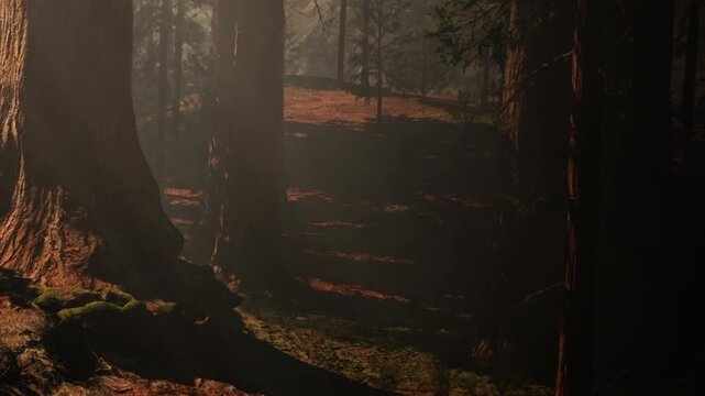 Sunlight gently breaks through tall trees, casting enchanting shadows on the forest floor. A serene path weaves through lush foliage, inviting exploration in this quiet woodland wonder.
