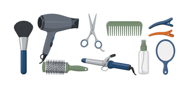Collection of professional hair styling tools and accessories on a white background