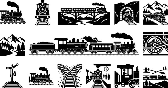 Set of black and white steam train icons and railway elements