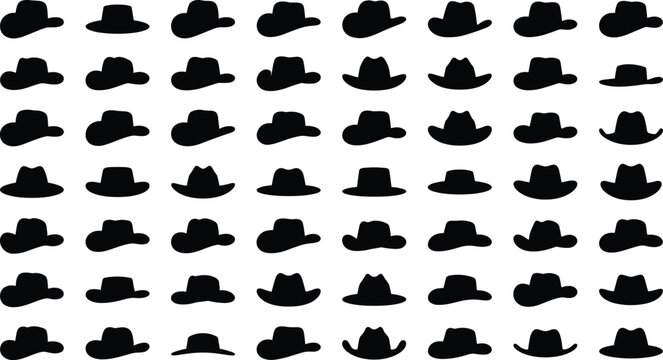 Black silhouette vector collection of diverse hat styles including cowboy, fedora, and wide‑brimmed designs