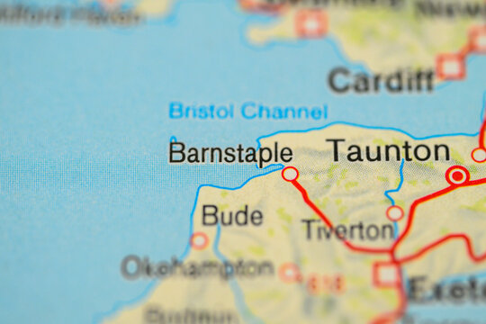 Printed road map close up of Barnstaple Taunton Bude and Devon coast.